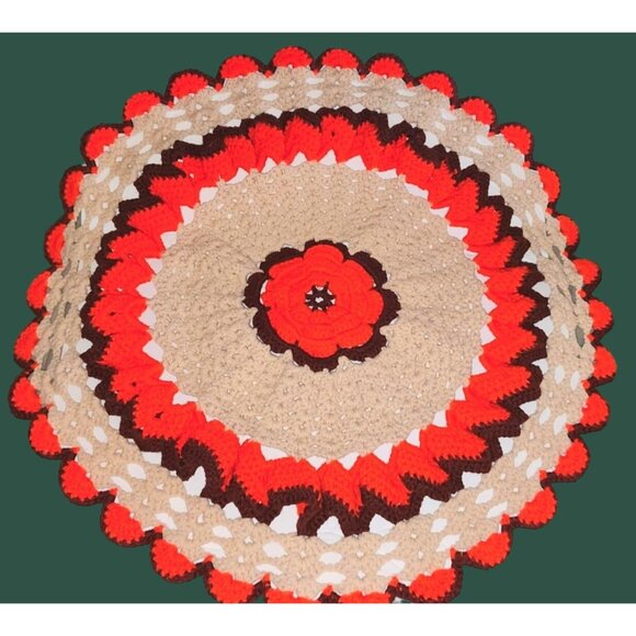 HUGE Vintage Handmade Crochet Doily 24" Round Retro Decor Orange/Brown/Tan Kitsc - Picture 7 of 10